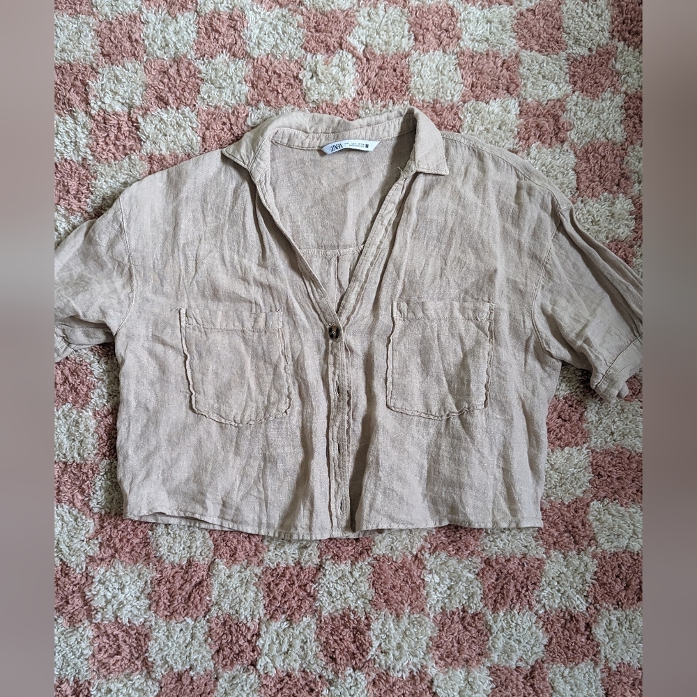 Zara short sleeves camel blouse, cropped. Size small